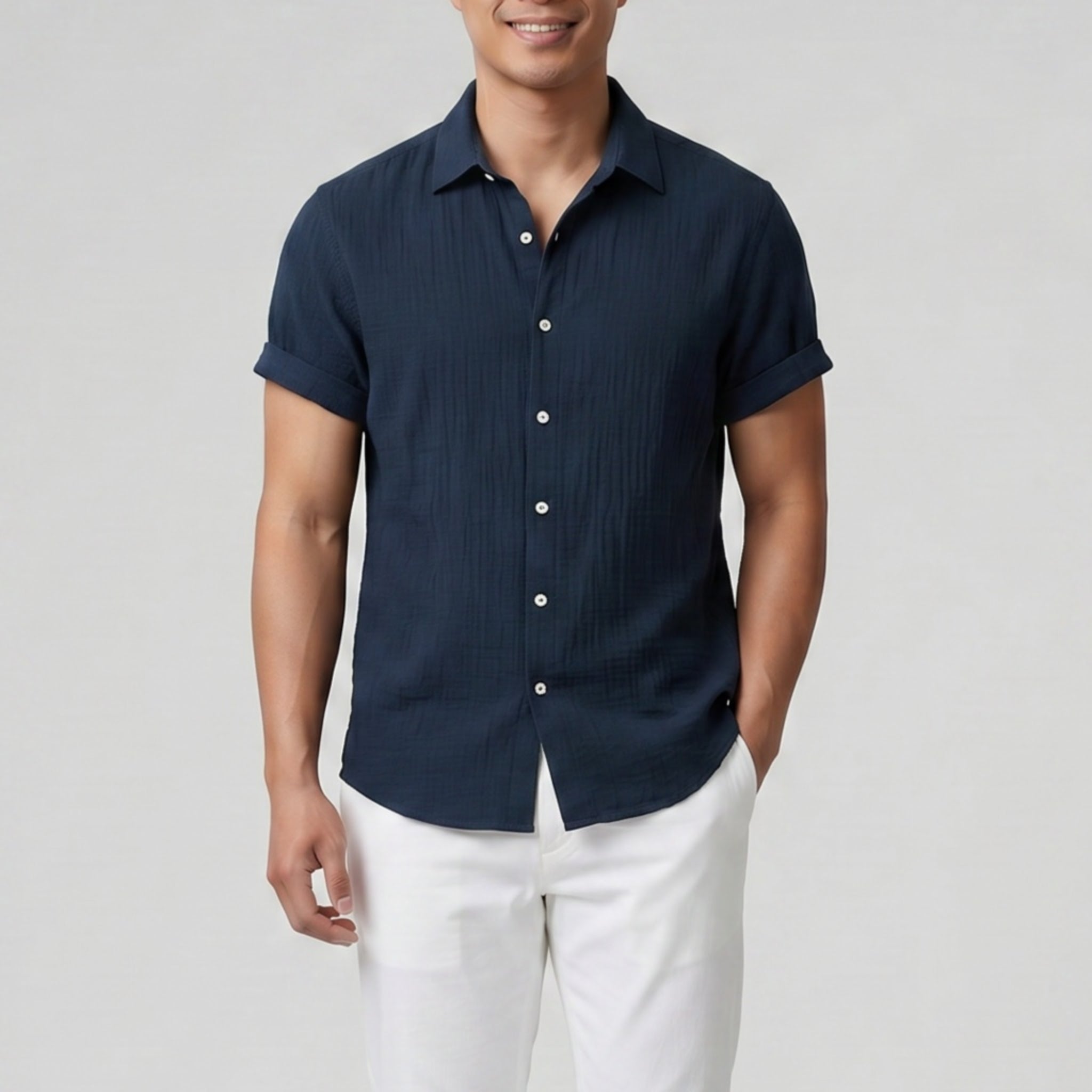 Men’s Short-Sleeve Textured Button-Up Shirt | Celestiella