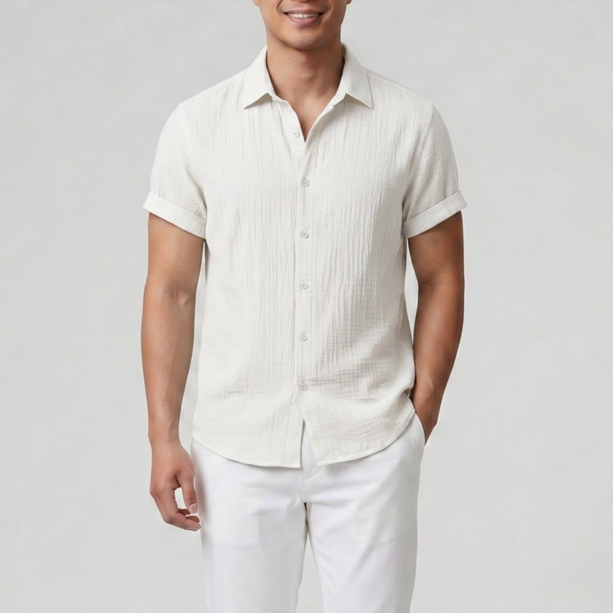 Men’s Short-Sleeve Textured Button-Up Shirt | Celestiella