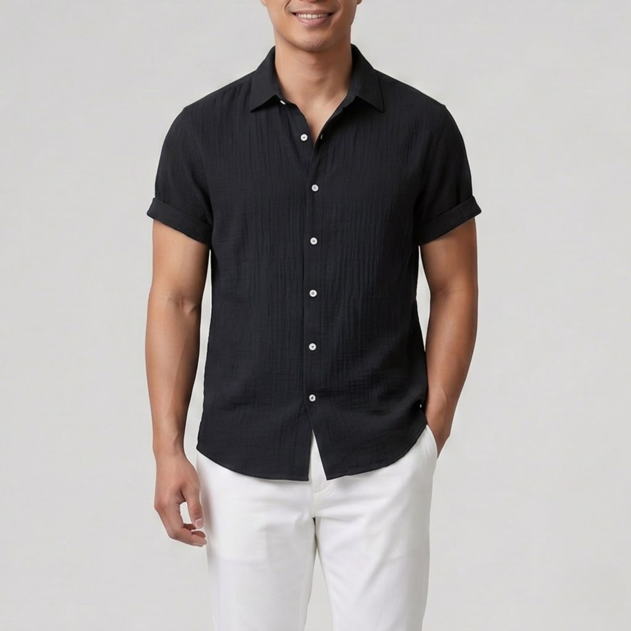 Men’s Short-Sleeve Textured Button-Up Shirt | Celestiella