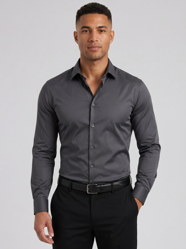 Men's slim fit long-sleeve shirt, charcoal grey