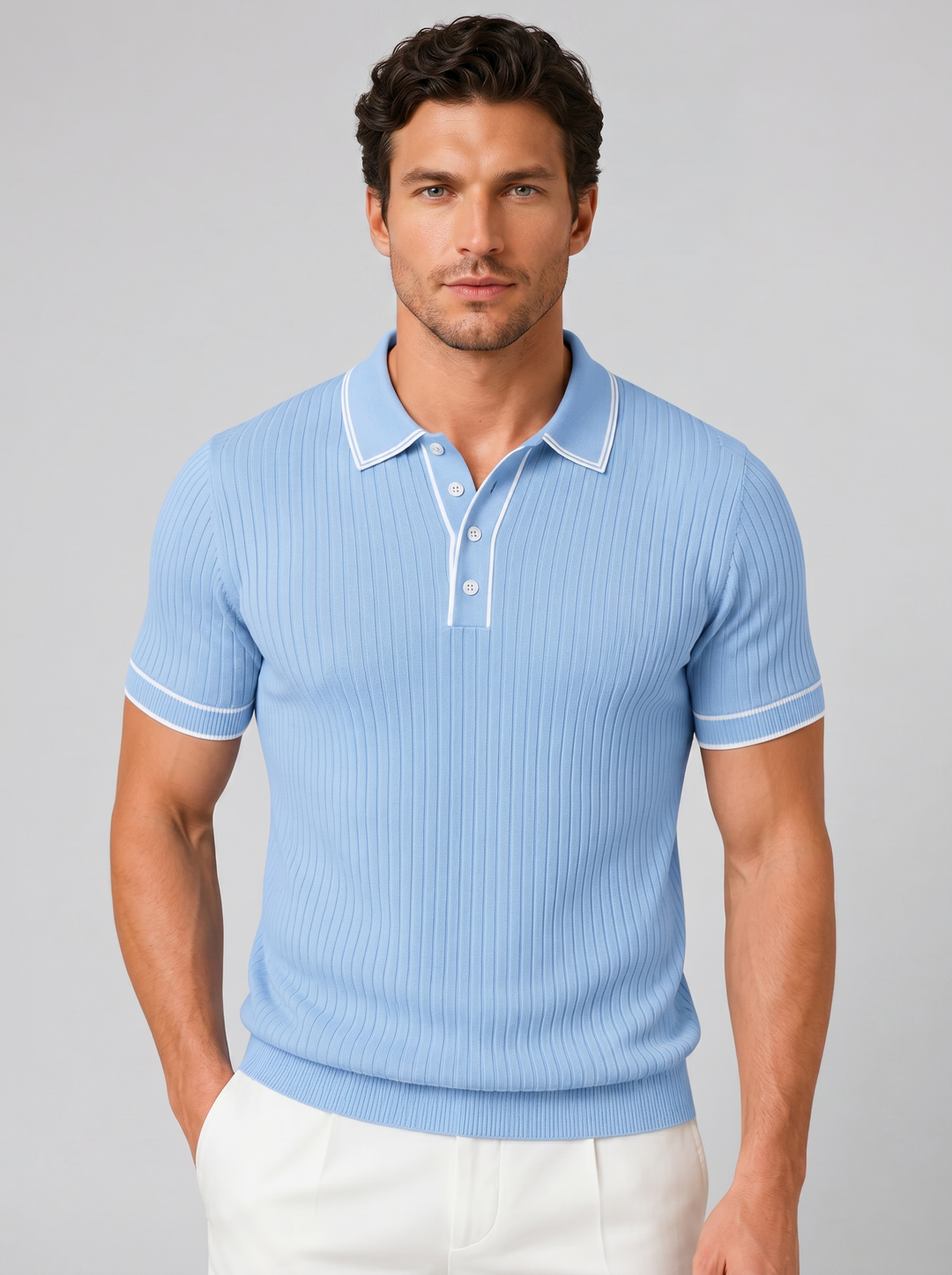 Men's ribbed knit polo shirt, light blue