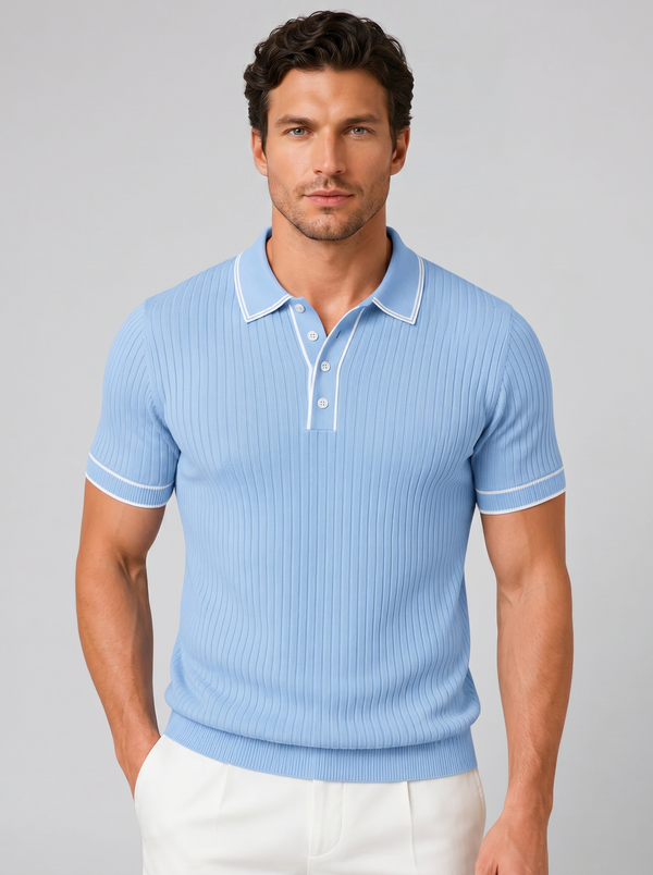 Men's ribbed knit polo shirt, light blue