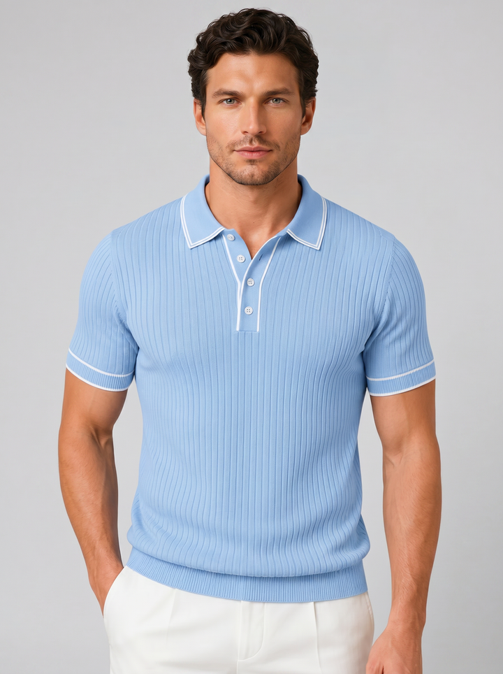 Men's ribbed knit polo shirt, light blue