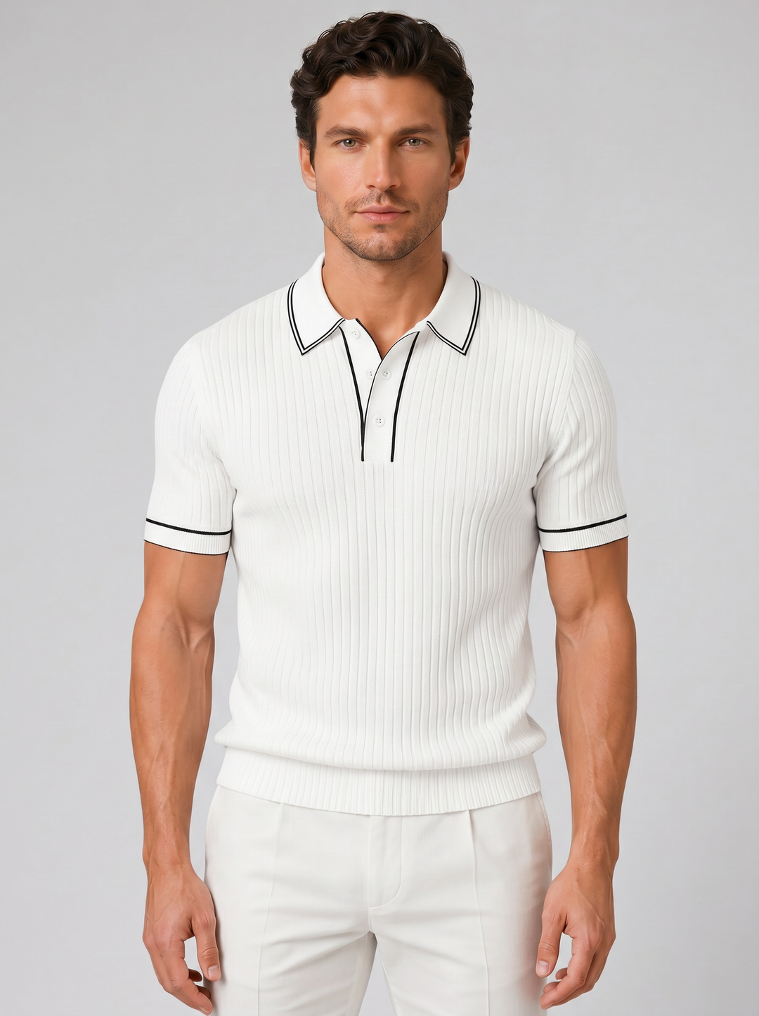 Men's Ribbed Knit Polo Shirt – Breathable Summer Fit