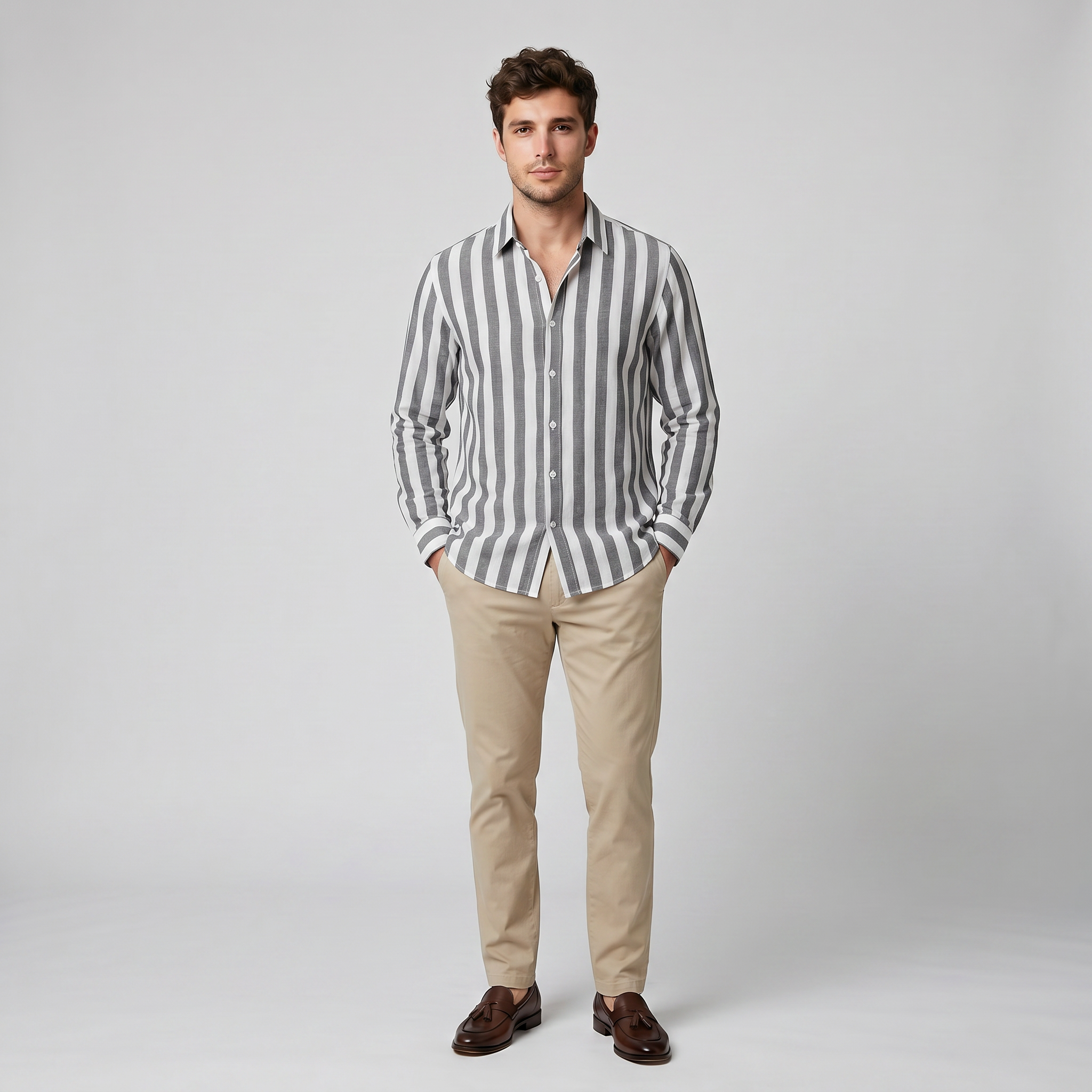 Men’s Striped Polyester Long Sleeve Button-Down Shirt | Celestiella