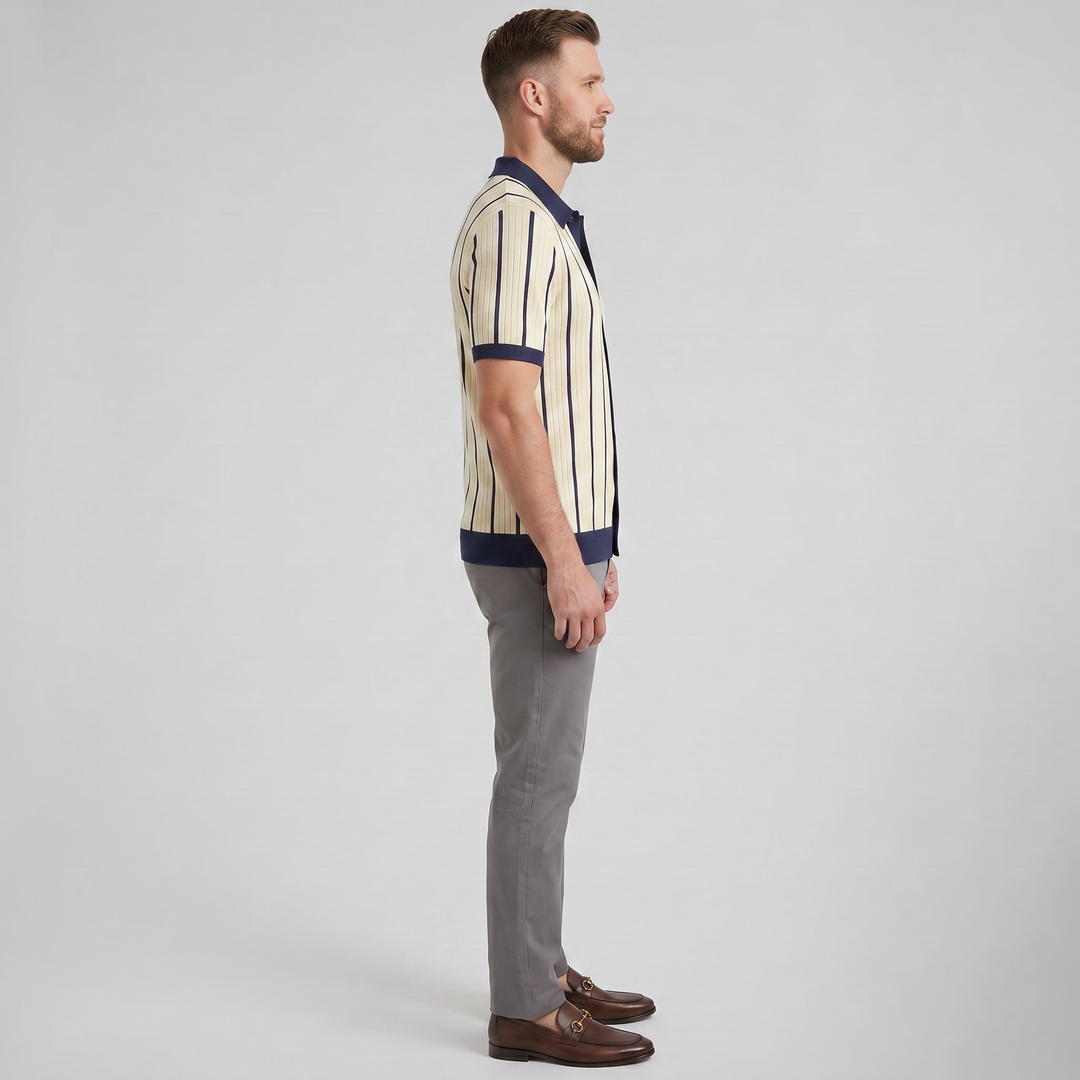 Men’s Striped Rib Knit Polo | Celestiella