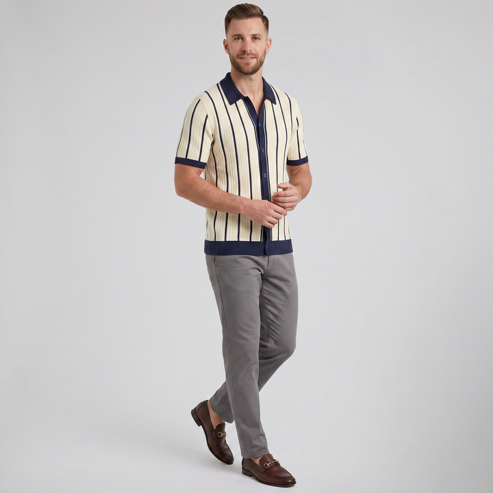 Men’s Striped Rib Knit Polo | Celestiella
