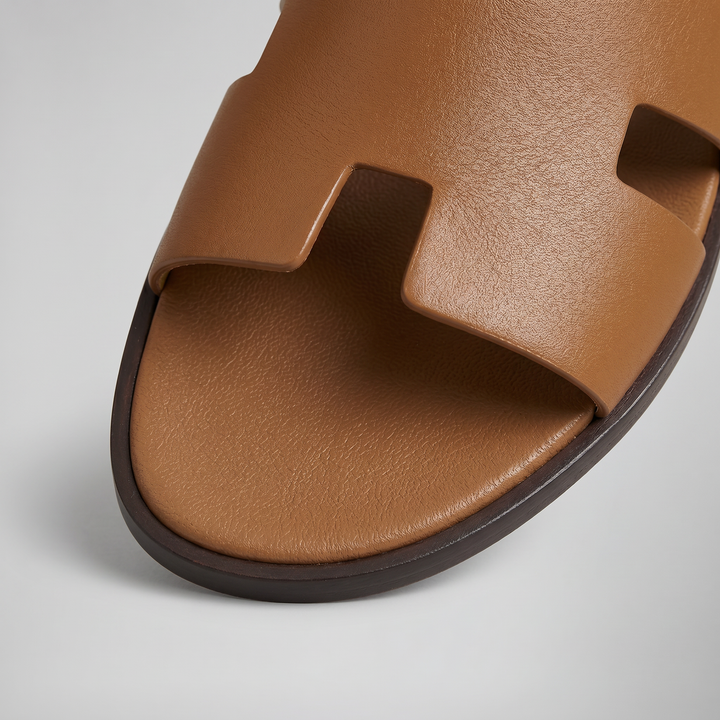 Men's Tan H-Cut Out Slide Sandals – Relaxed Smart Summer Comfort