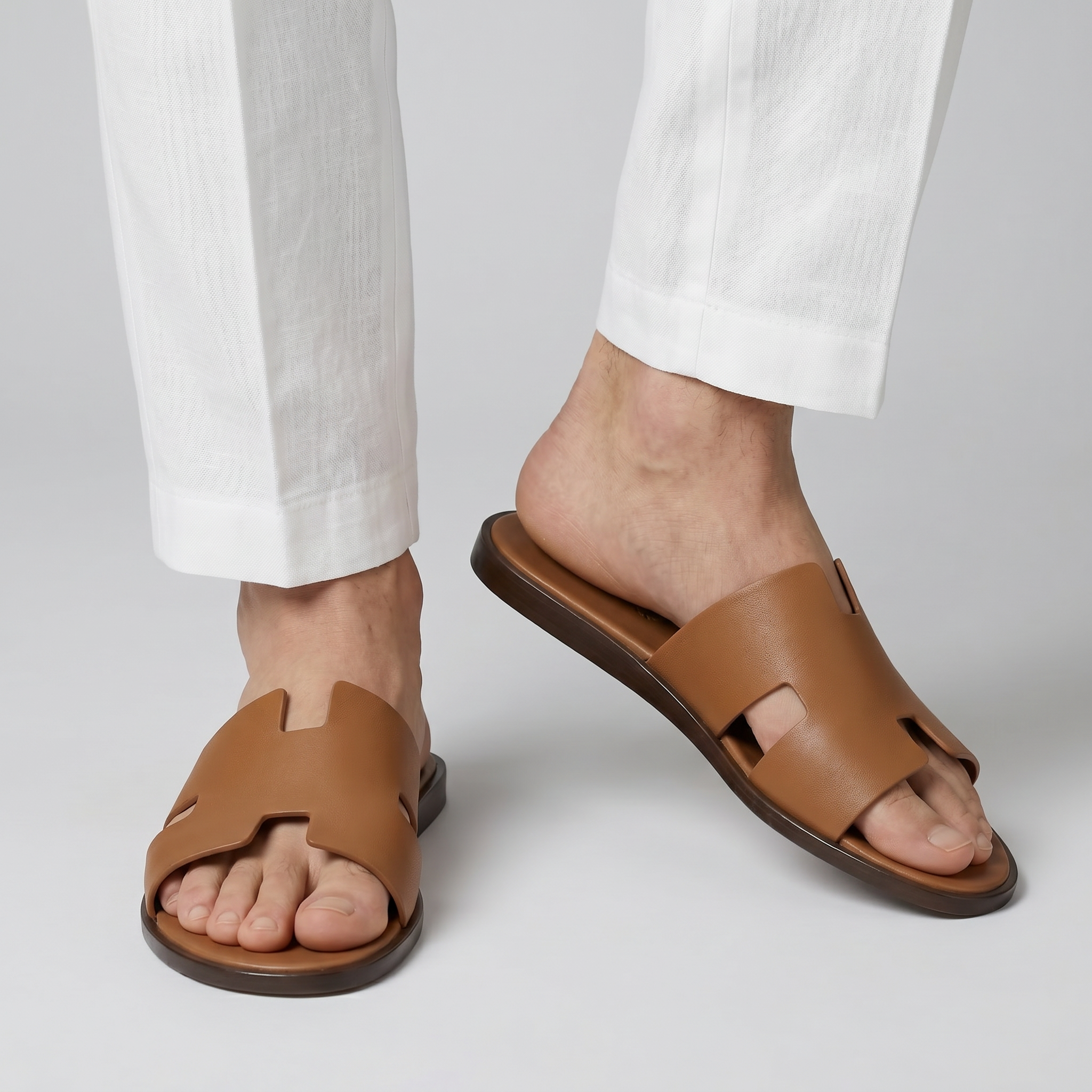 Men’s Tan H-Cut Out Slide Sandals | Celestiella