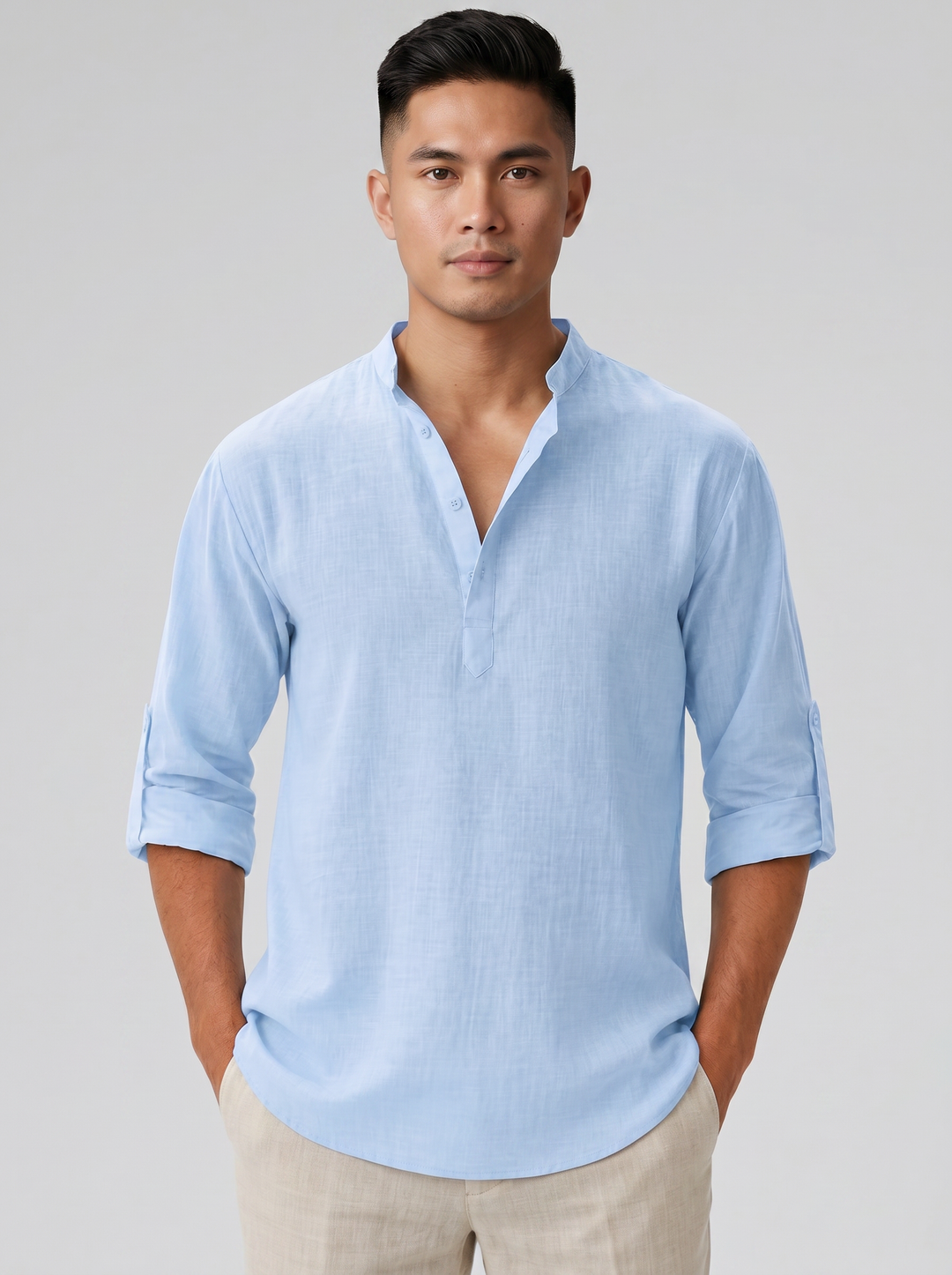 Men's Linen-Look Stand Collar Shirt – Relaxed Summer Style