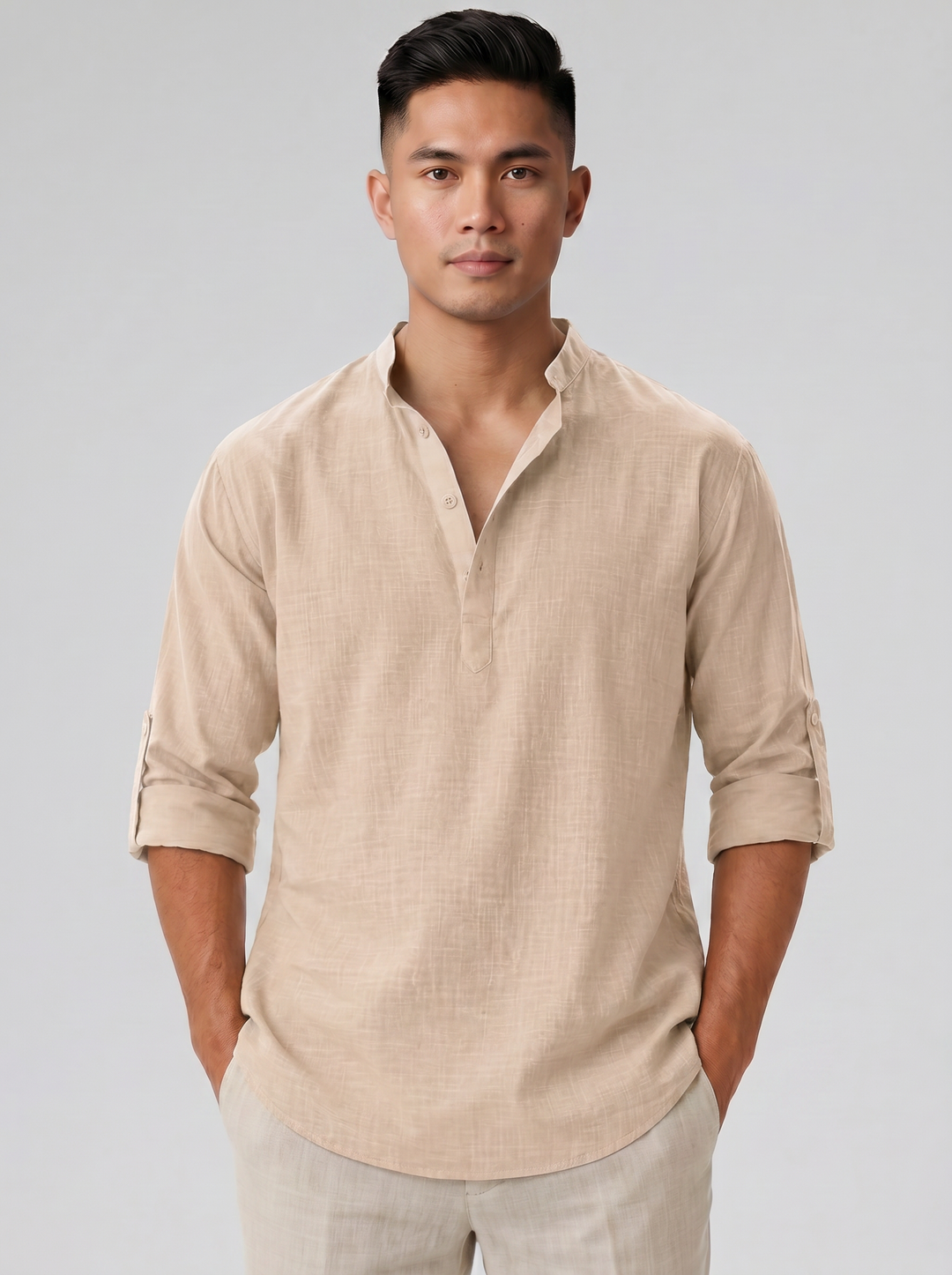 Men's Linen-Look Stand Collar Shirt – Relaxed Summer Style