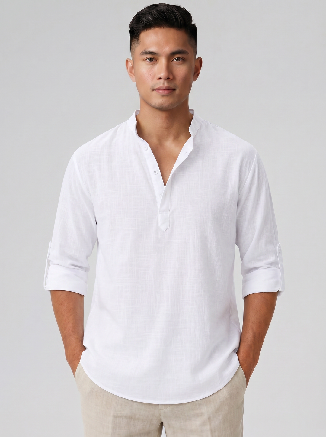 Men's Linen-Look Stand Collar Shirt – Relaxed Summer Style