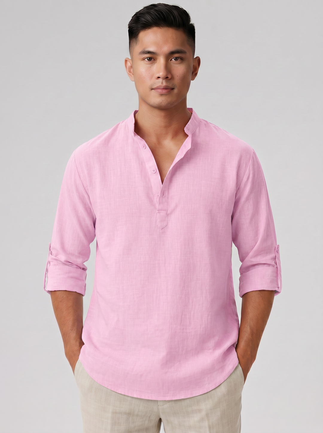 Men's Linen-Look Stand Collar Shirt – Relaxed Summer Style