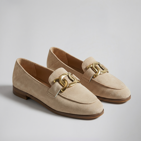 Women's Suede Loafers, Gold Chain Detail Slip-On Flat