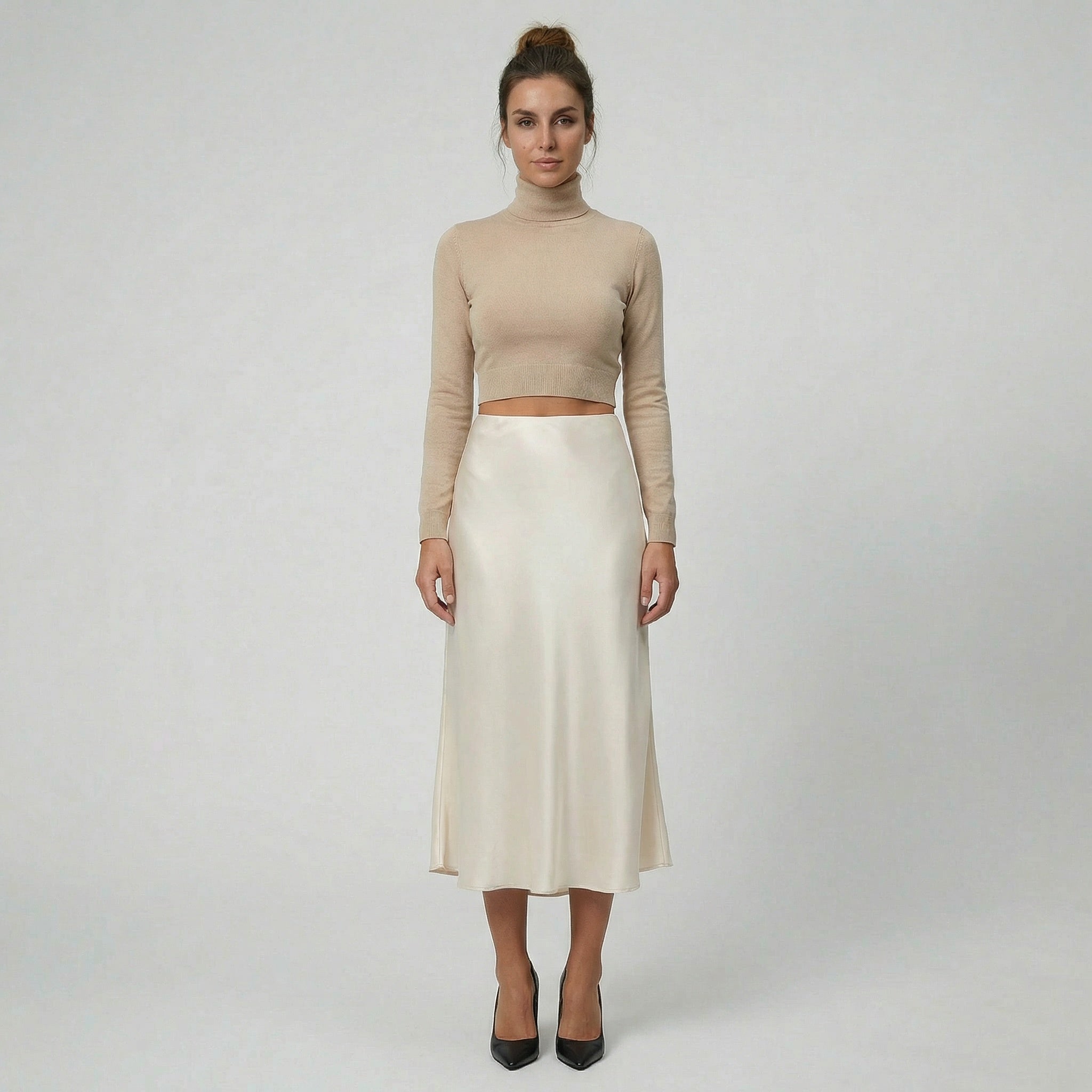 Celestiella - Women’s Champagne Satin Midi Skirt