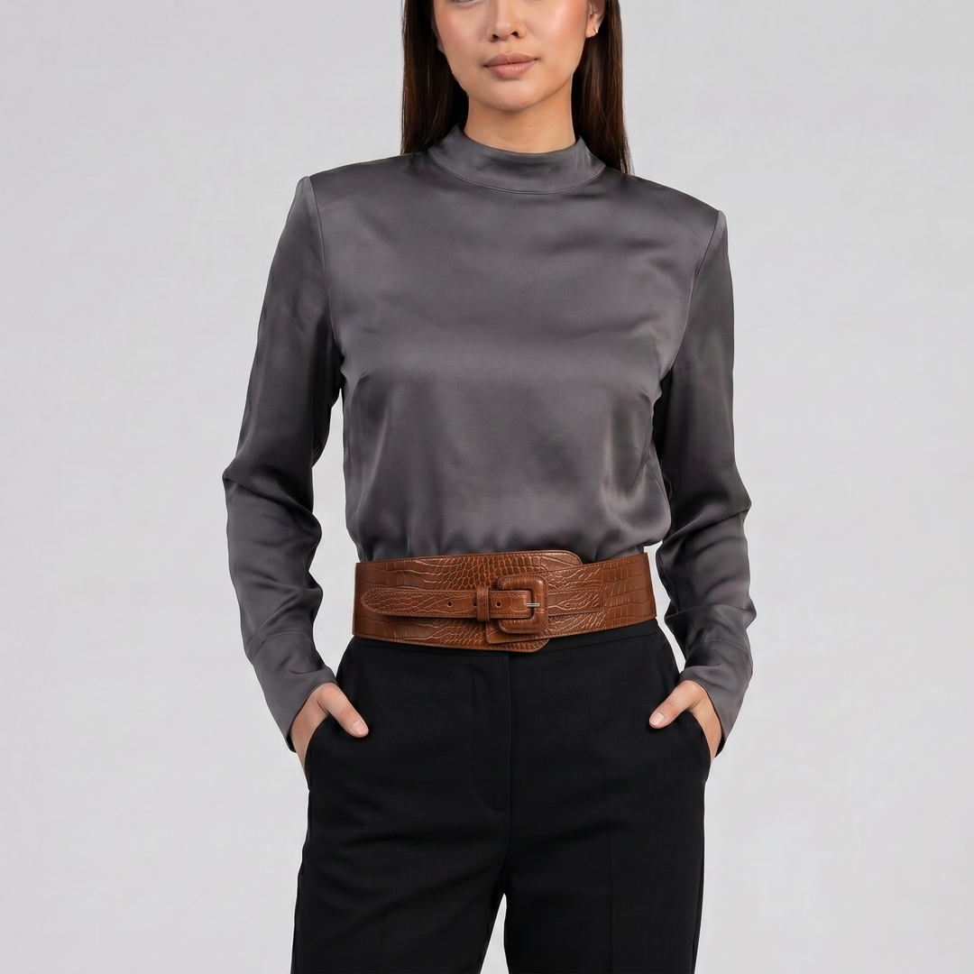 Women’s Croc-Texture Buckle Leather Belt | Celestiella