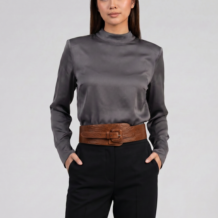 Women’s Croc-Texture Buckle Leather Belt | Celestiella