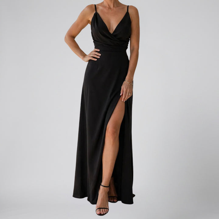 Women's Maxi Dress – Deep V-Neck Open-Back Evening Style