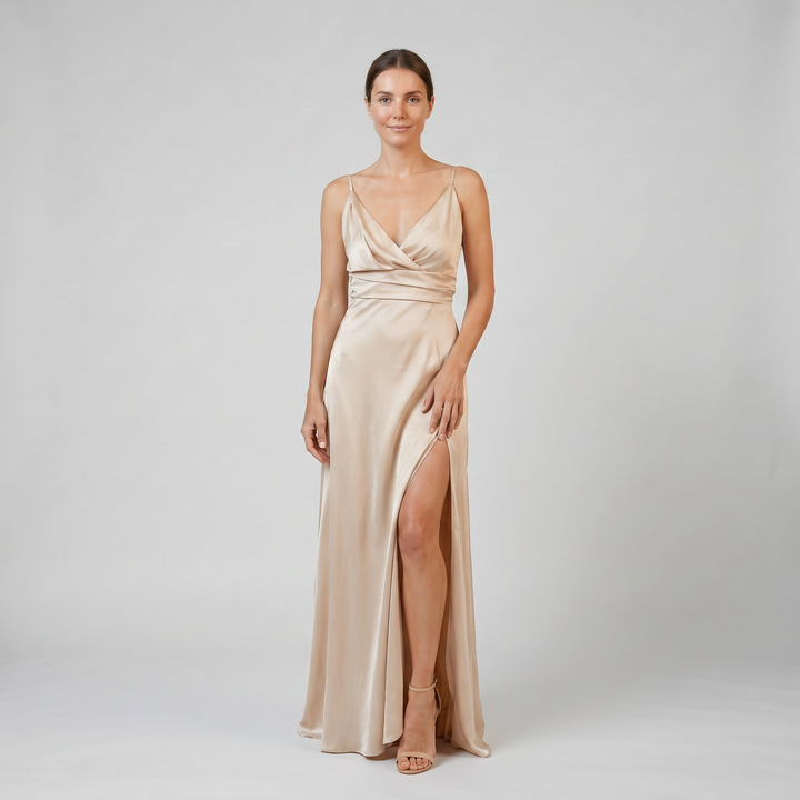 Women's Maxi Dress – Deep V-Neck Open-Back Evening Style