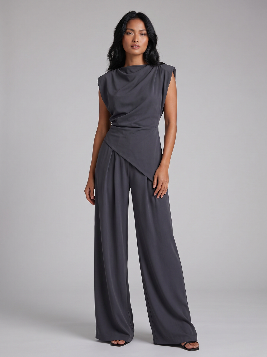 Women's draped two-piece co-ord set, grey