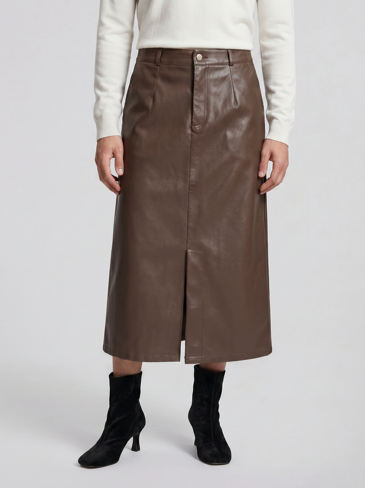Women's Faux-Leather A-Line Midi Skirt – Sleek Structured Finish | Celestiella