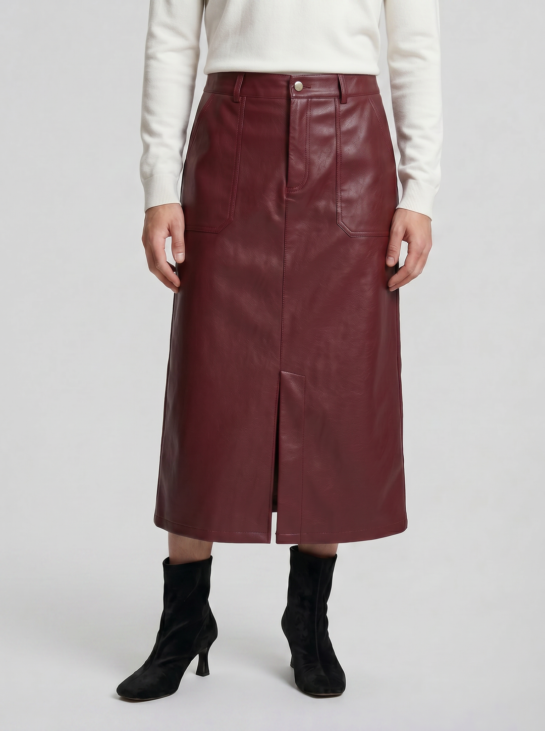 Women's Faux-Leather A-Line Midi Skirt – Sleek Structured Finish | Celestiella