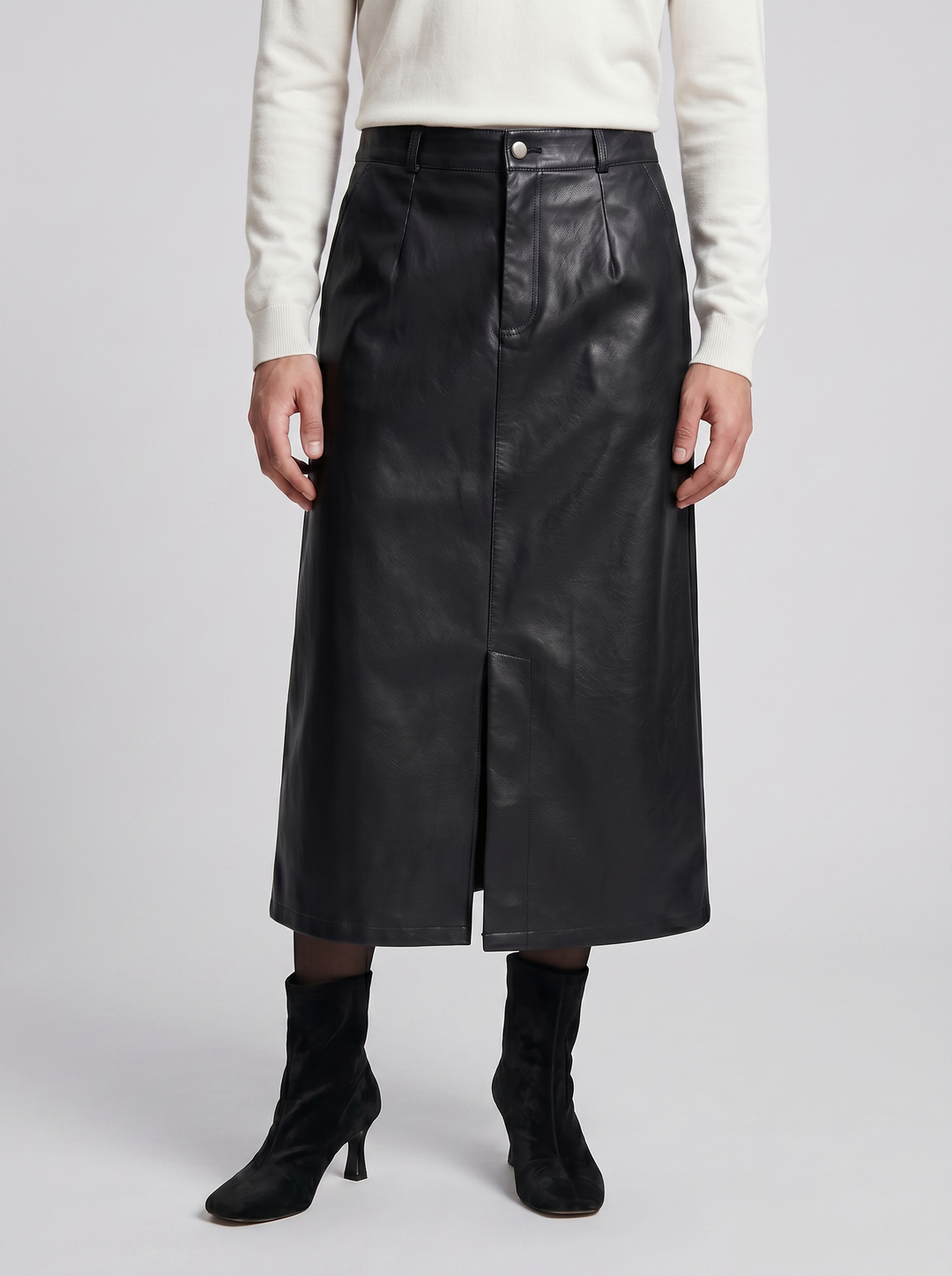 Women's Faux-Leather A-Line Midi Skirt – Sleek Structured Finish | Celestiella