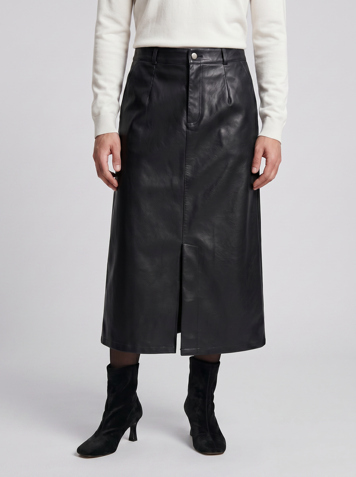 Women's Faux-Leather A-Line Midi Skirt – Sleek Structured Finish | Celestiella