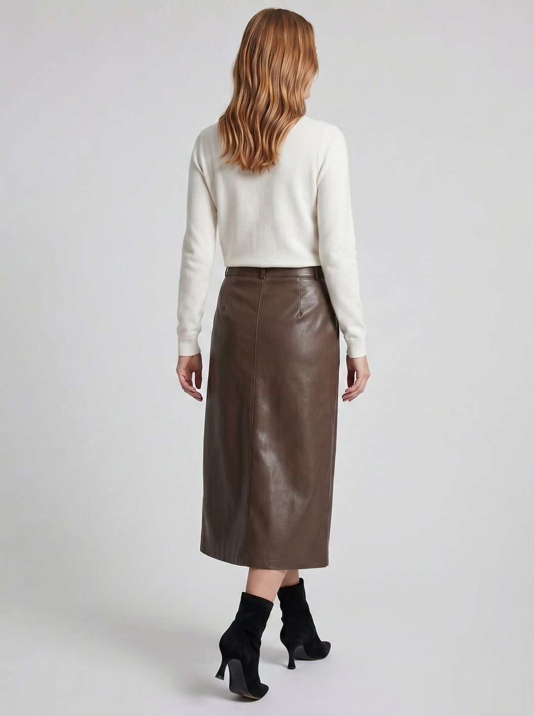 Women's Faux-Leather A-Line Midi Skirt – Sleek Structured Finish | Celestiella