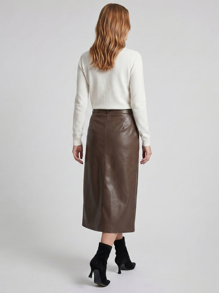 Women's Faux-Leather A-Line Midi Skirt – Sleek Structured Finish | Celestiella