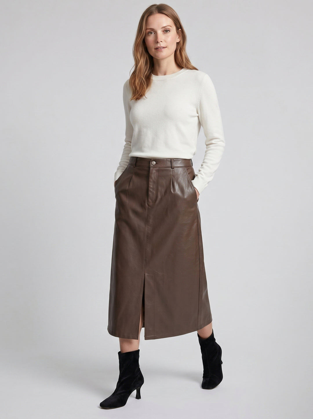 Women's Faux-Leather A-Line Midi Skirt – Sleek Structured Finish | Celestiella