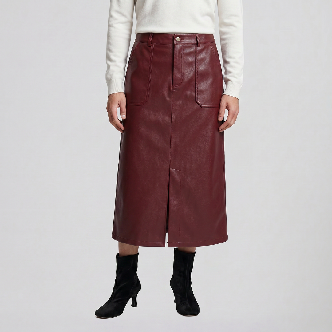Women's Faux-Leather A-Line Midi Skirt – Sleek Structured Finish