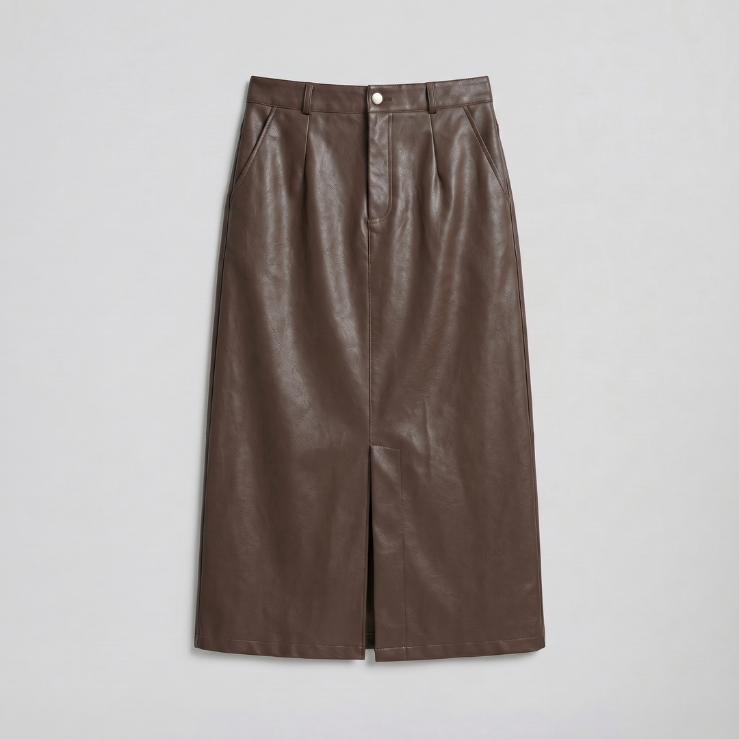 Women's Faux-Leather A-Line Midi Skirt – Sleek Structured Finish