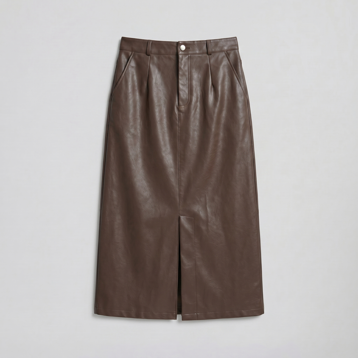 Women's Faux-Leather A-Line Midi Skirt – Sleek Structured Finish