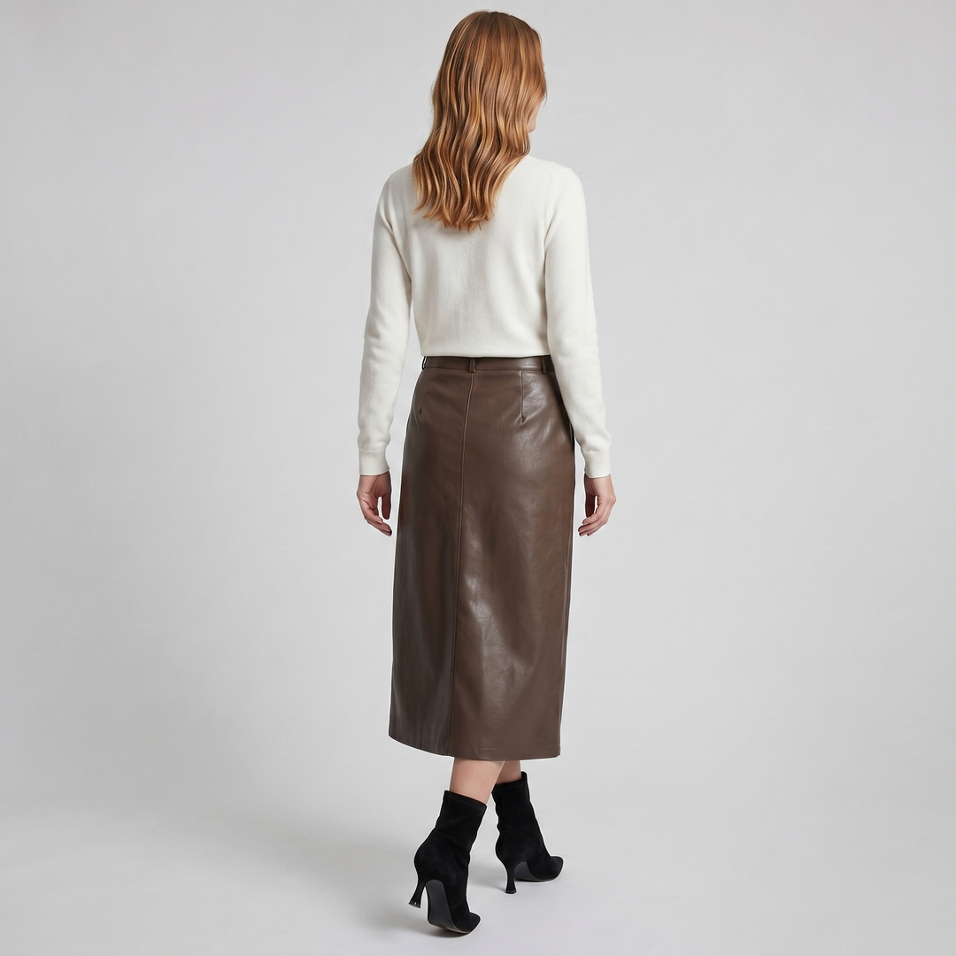 Women's Faux-Leather A-Line Midi Skirt – Sleek Structured Finish