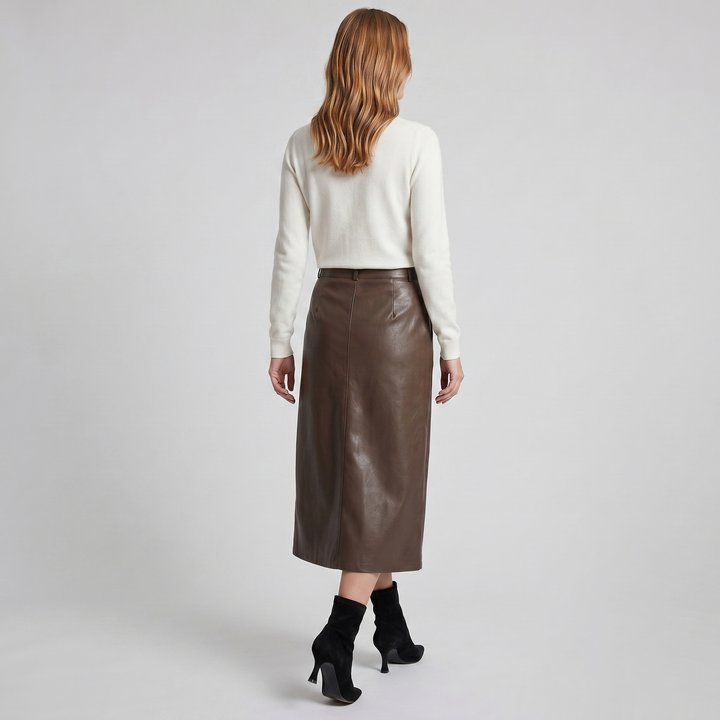Women's Faux-Leather A-Line Midi Skirt – Sleek Structured Finish
