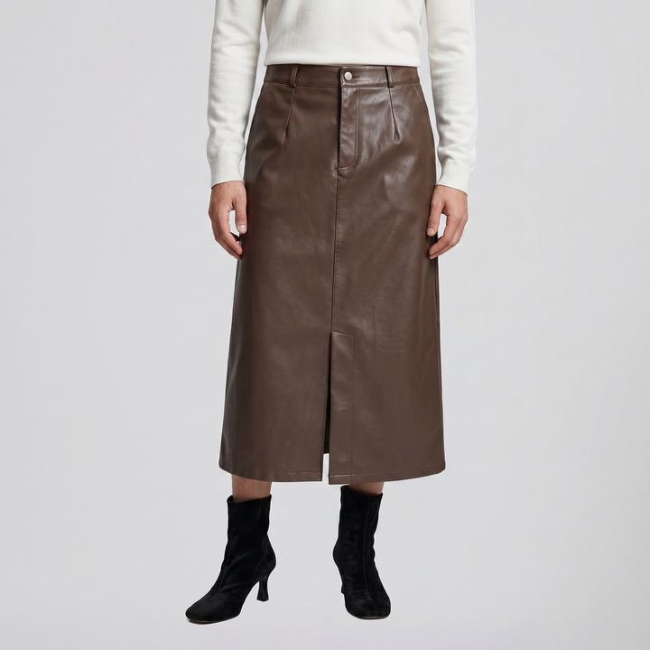 Women's Faux-Leather A-Line Midi Skirt, Sleek Structured Finish