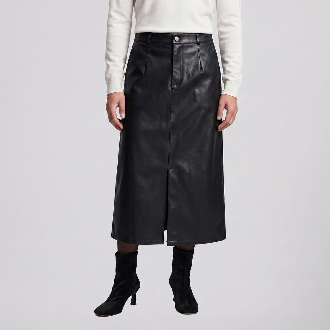 Women's Faux-Leather A-Line Midi Skirt – Sleek Structured Finish