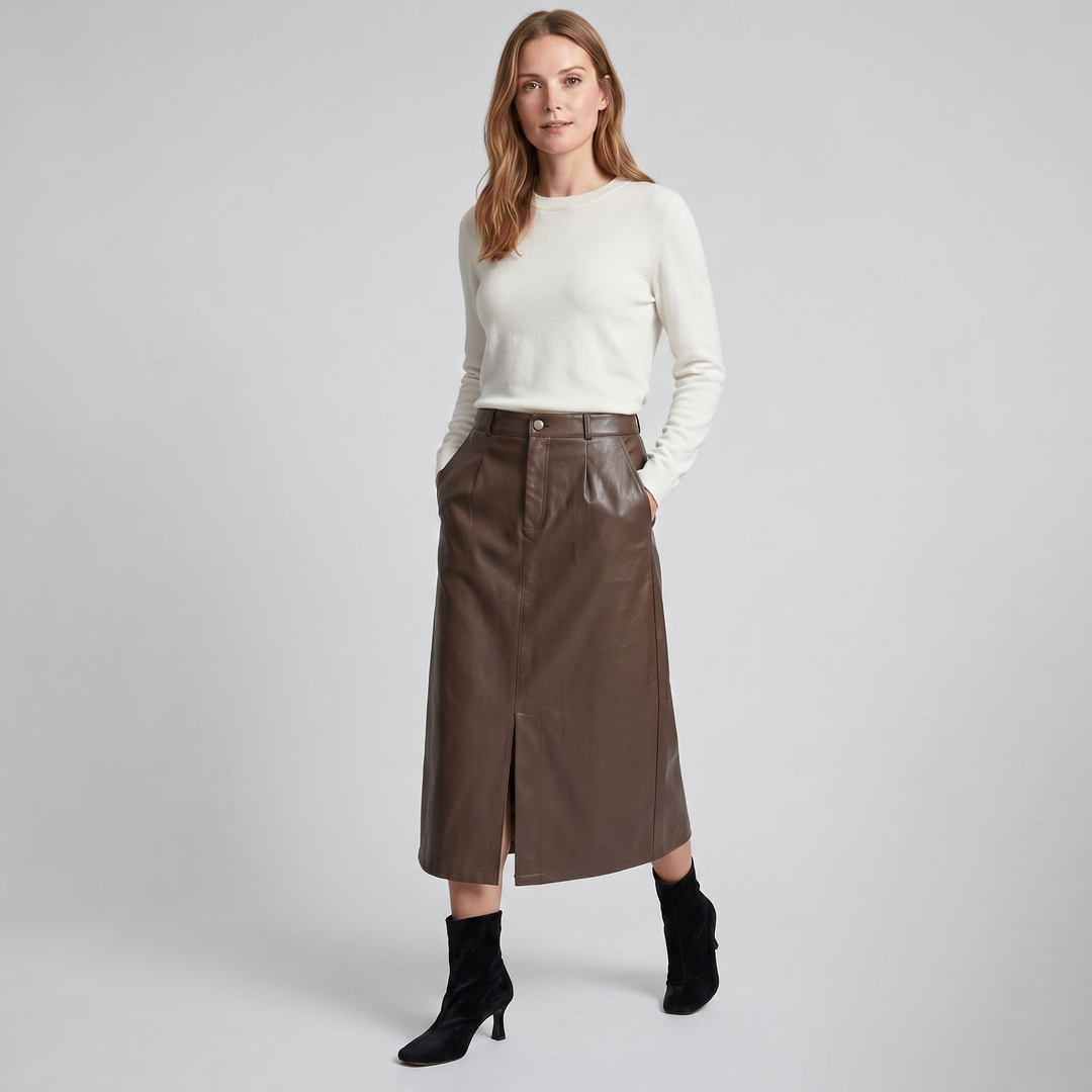 Women's Faux-Leather A-Line Midi Skirt – Sleek Structured Finish