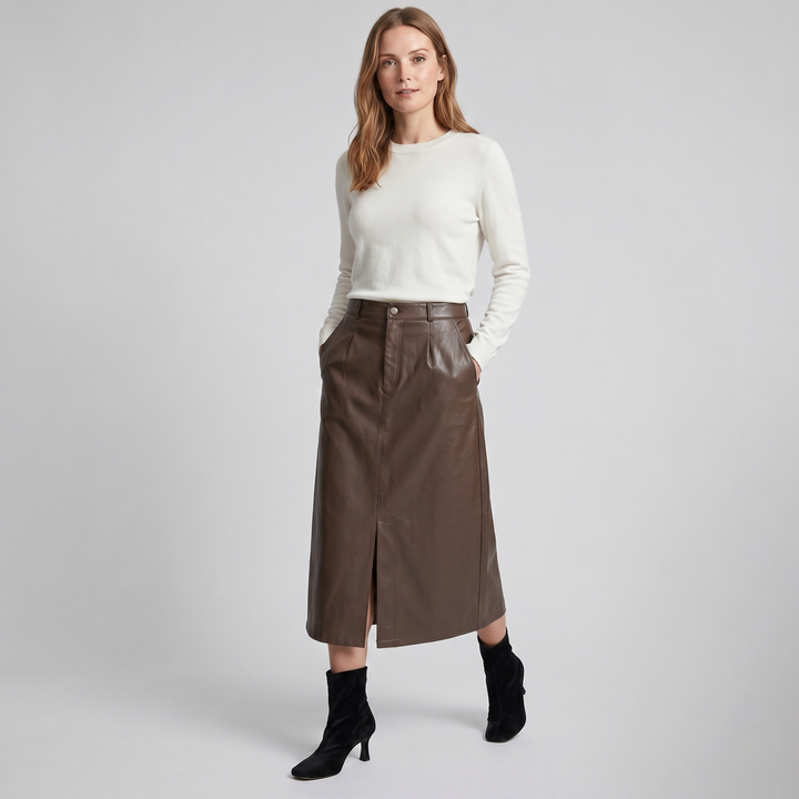 Women's Faux-Leather A-Line Midi Skirt – Sleek Structured Finish