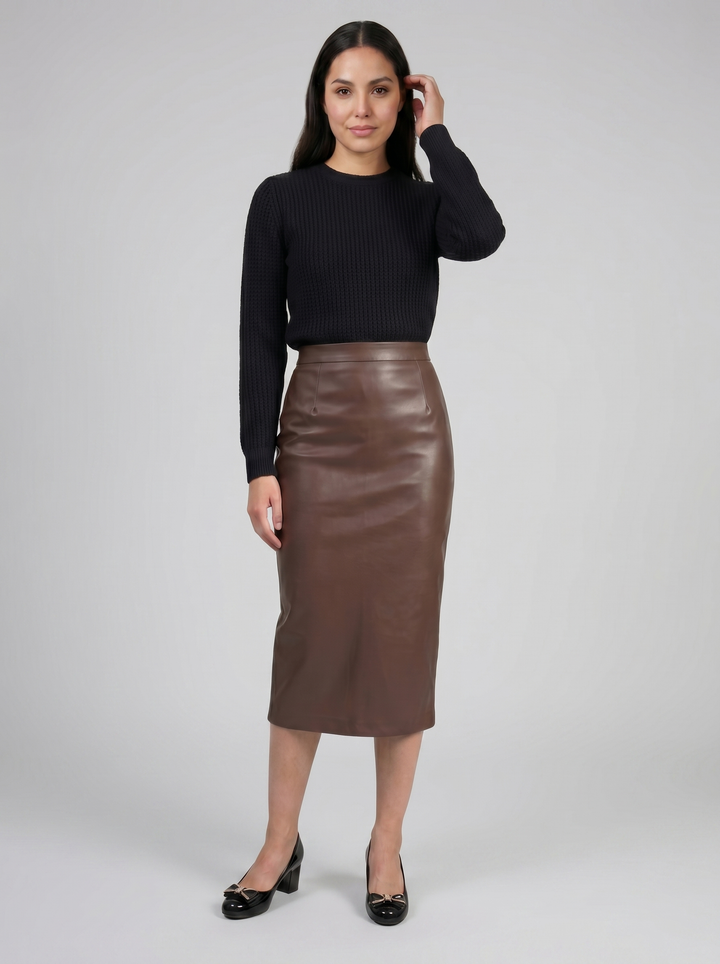 Women's Faux-Leather Pencil Midi Skirt – Refined Tailored Finish | Celestiella
