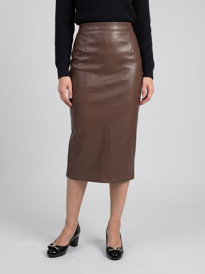 Women's Faux-Leather Pencil Midi Skirt – Refined Tailored Finish | Celestiella