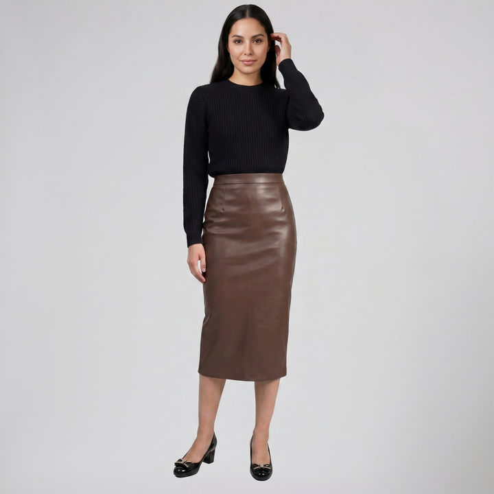 Women's Faux-Leather Pencil Midi Skirt – Refined Tailored Finish