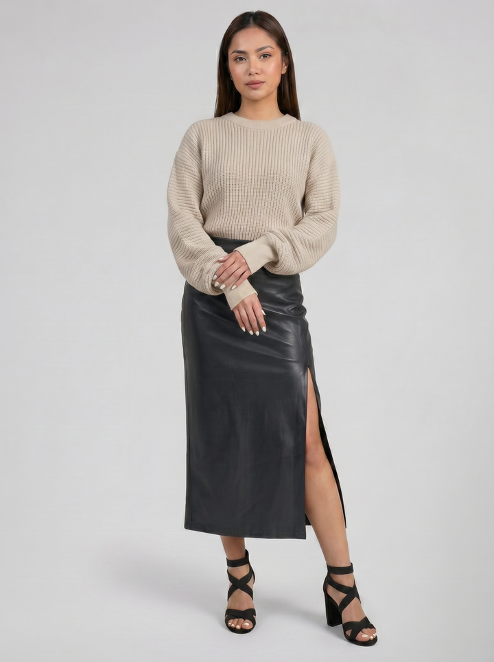 Women's Faux-Leather Side-Slit Midi Skirt – Sleek Pencil Silhouette | Celestiella