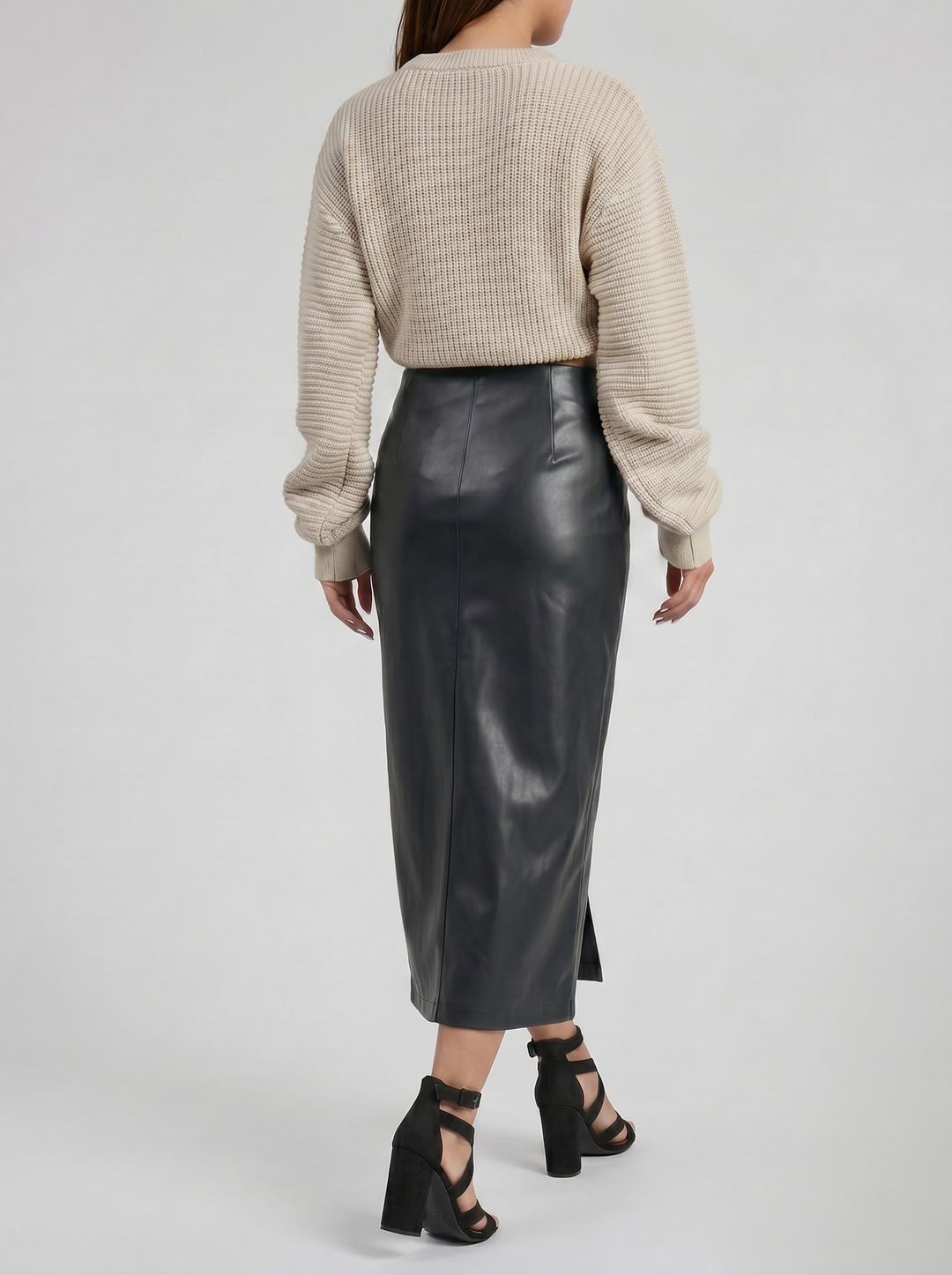 Women's Faux-Leather Side-Slit Midi Skirt – Sleek Pencil Silhouette | Celestiella