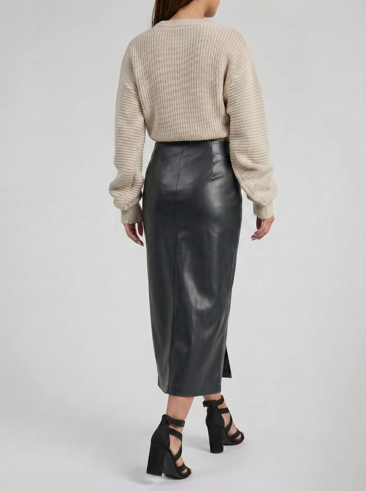 Women's Faux-Leather Side-Slit Midi Skirt – Sleek Pencil Silhouette | Celestiella