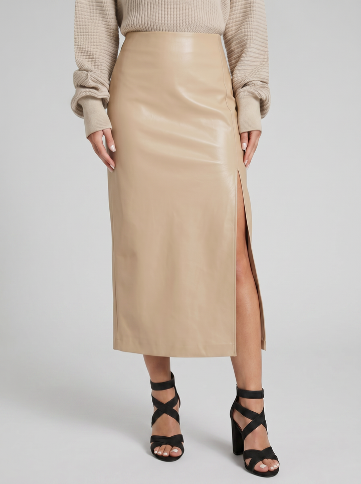 Women's Faux-Leather Side-Slit Midi Skirt – Sleek Pencil Silhouette | Celestiella