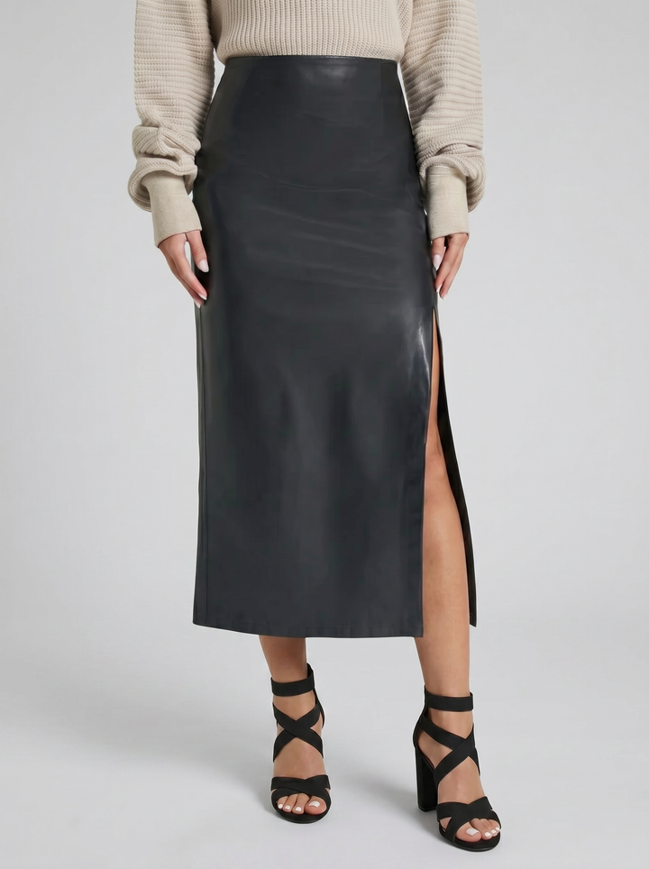 Women's Faux-Leather Side-Slit Midi Skirt – Sleek Pencil Silhouette | Celestiella