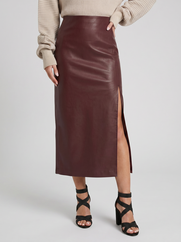 Women's Faux-Leather Side-Slit Midi Skirt – Sleek Pencil Silhouette | Celestiella