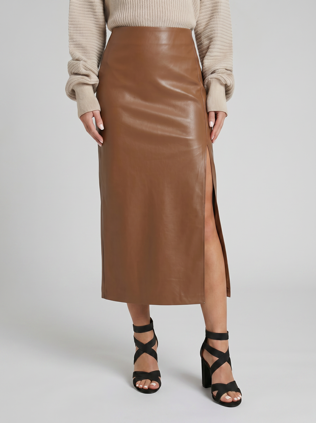 Women's Faux-Leather Side-Slit Midi Skirt – Sleek Pencil Silhouette | Celestiella